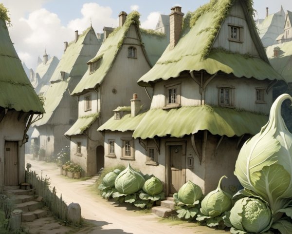 Whimsical Village with Mushroom-Shaped Houses and Cabbages