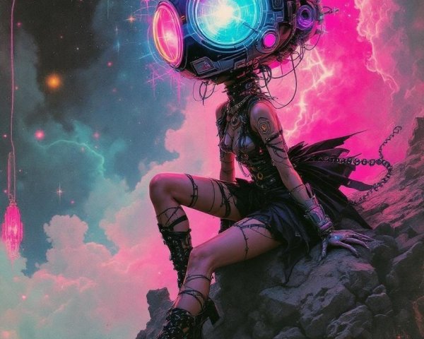 Futuristic figure in dark outfit on rocky landscape