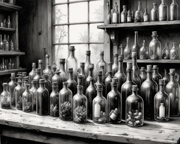 Rustic Wooden Shelves with Glass Bottles and Sunlight