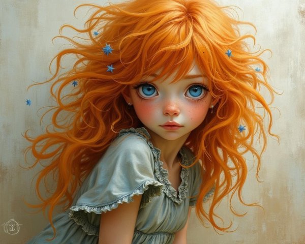 Young girl with curly orange hair and blue flowers