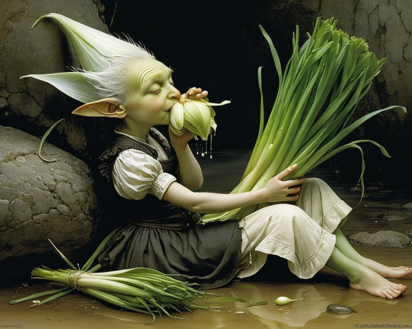 Whimsical green creature feasting on fresh leeks