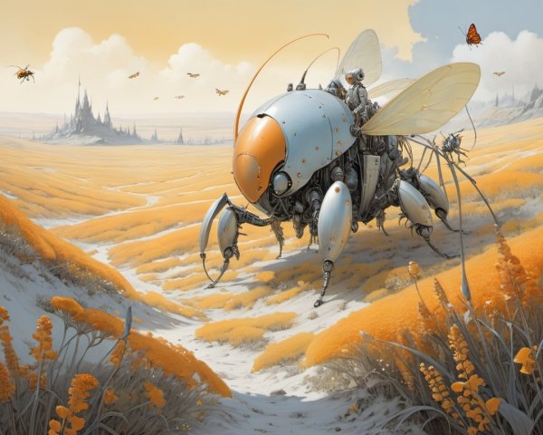 Surreal Landscape with Robotic Bee and Whimsical Castle
