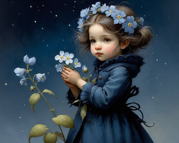 Young girl in blue dress with starry backdrop