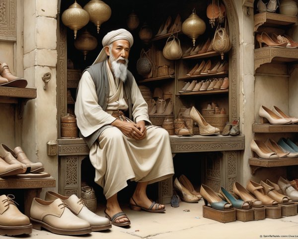 Elderly Man in Quaint Shoe Shop Surrounded by Footwear