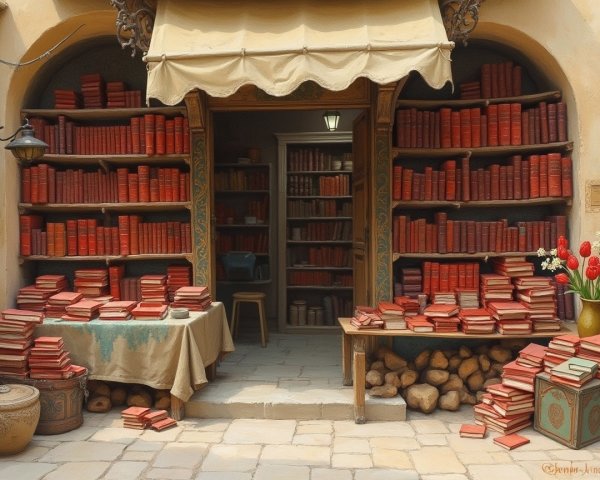Charming Bookshop Entrance with Red Book Displays