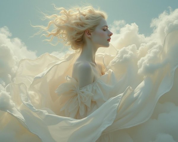 Ethereal Figure in Soft Clouds with Flowing Gown