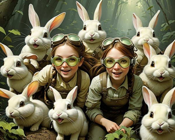 Whimsical Forest Scene with Girls and Playful Rabbits