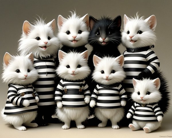 Group of Eight Cats in Matching Striped Shirts