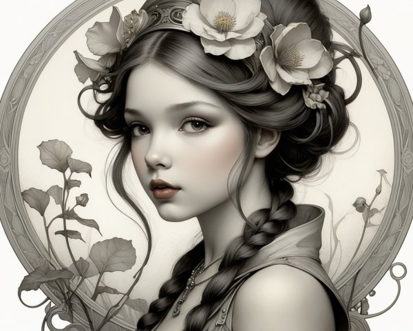 Ethereal Portrait of a Young Woman with Floral Accents