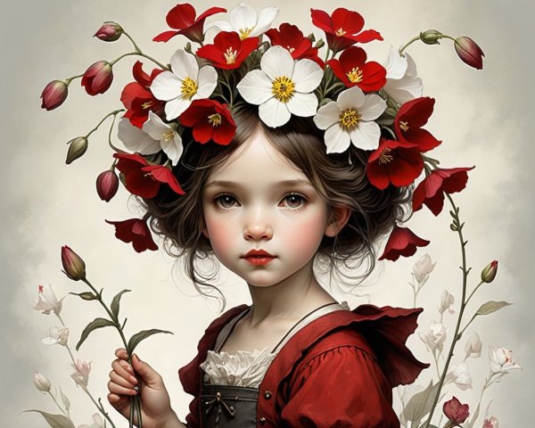 Young girl in red dress among blooming flowers