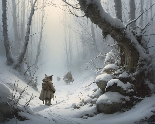 Winter Forest Scene with Fox-Masked Figure and Creatures