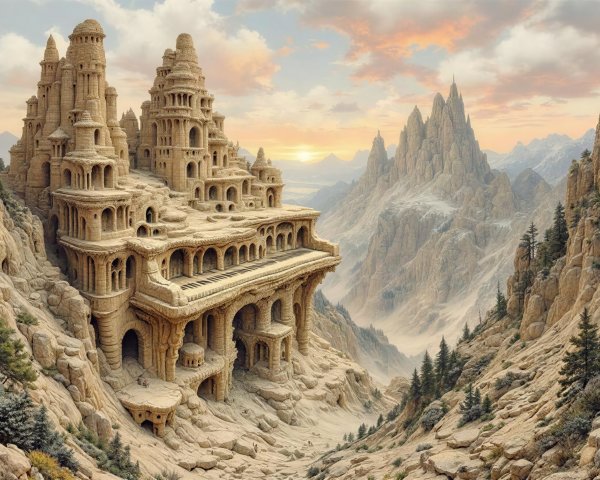 Colossal Desert Piano Castle in Dramatic Sunrise Sky