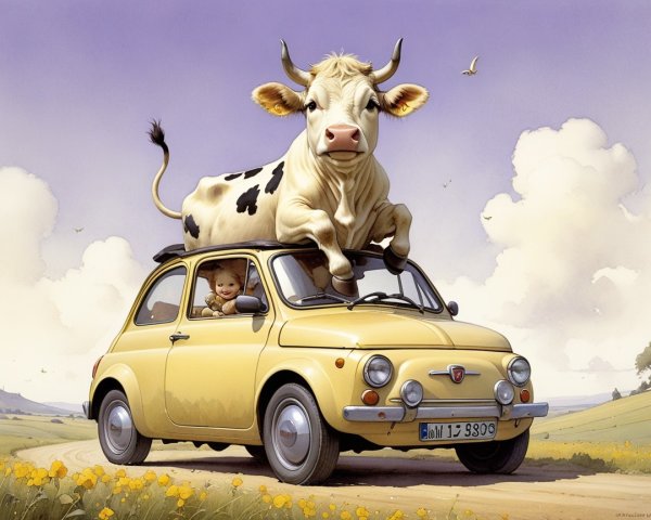 Cheerful child and playful cow in sunny landscape