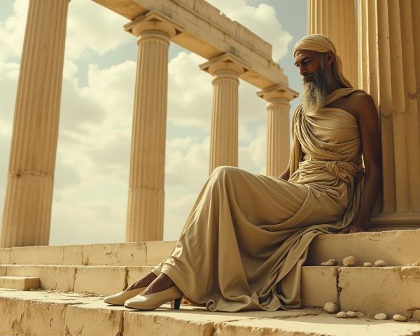 Serene Figure in Gold Fabric on Ancient Stone Steps