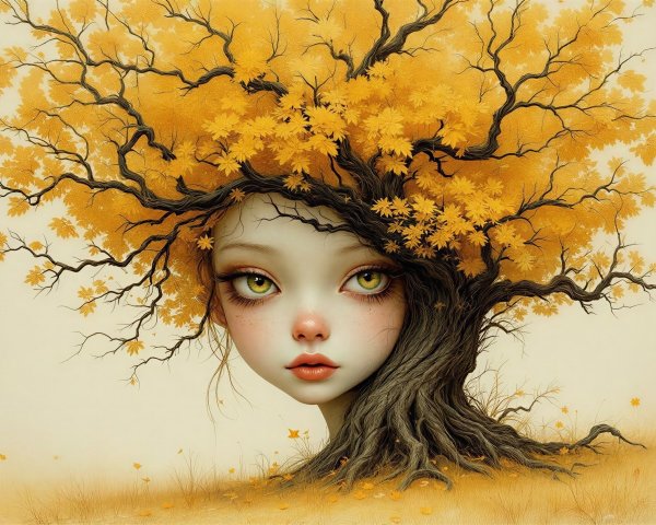 Digital painting of girl with tree hair and autumn leaves