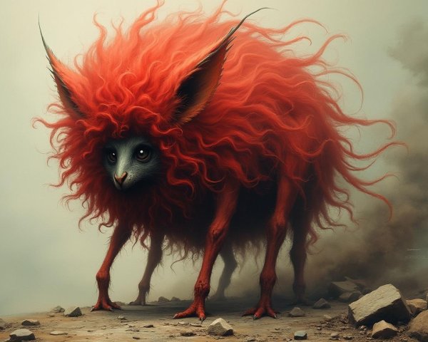 Fantastical creature with red fur in misty landscape