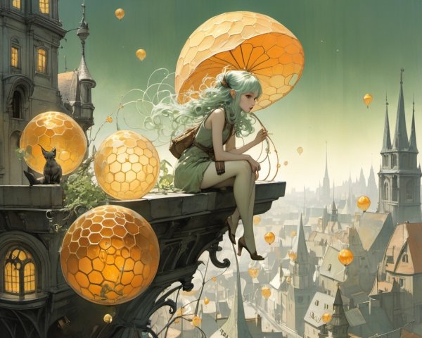 Whimsical Cityscape with Young Woman and Balloons