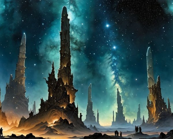 Alien Landscape with Stone Spires and Starry Sky
