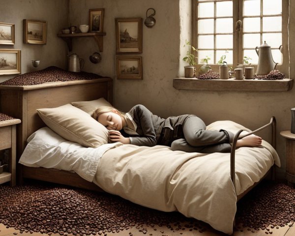 Young Girl Sleeping Among Coffee Beans in Rustic Room