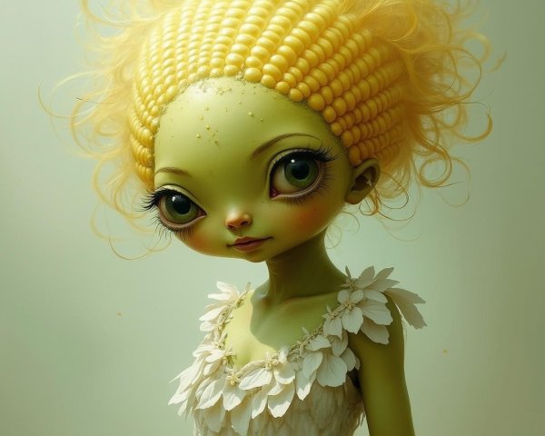 Whimsical Character with Green Skin and Floral Outfit