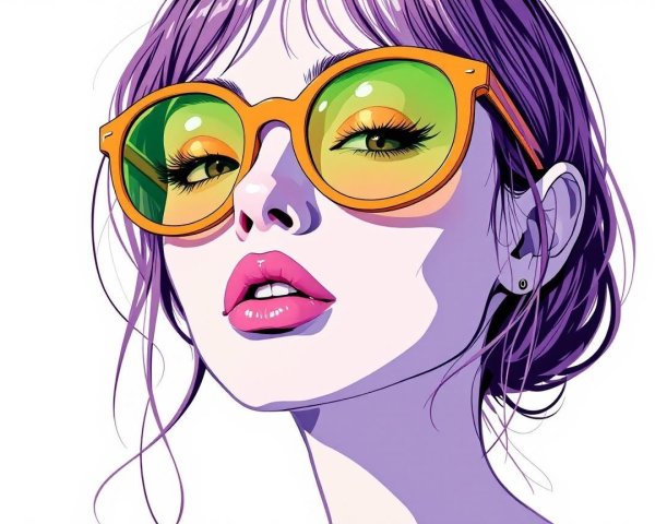 Stylized portrait of a woman with purple hair and sunglasses