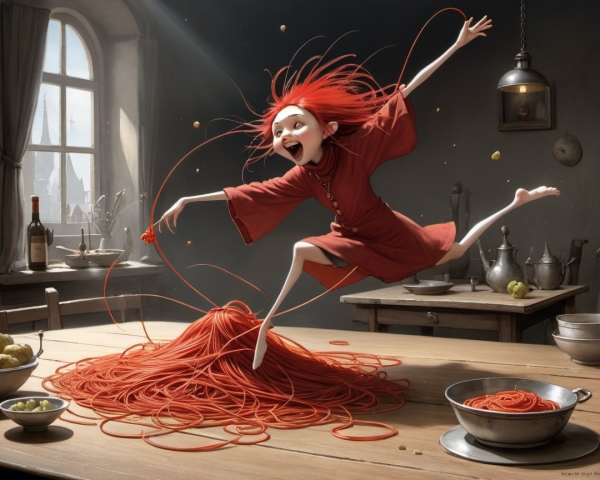 Joyful girl in red dress leaps in cozy kitchen setting