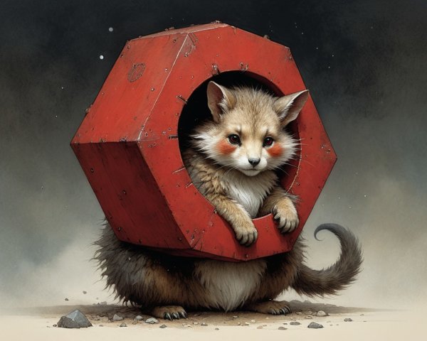Whimsical Cat-Fox Creature in Red Hexagonal Frame