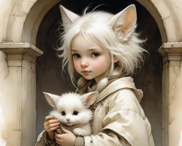 Young child with white hair and cat-like ears holding kitten