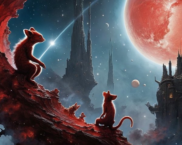 Whimsical Cat-like Creatures in Cosmic Landscape