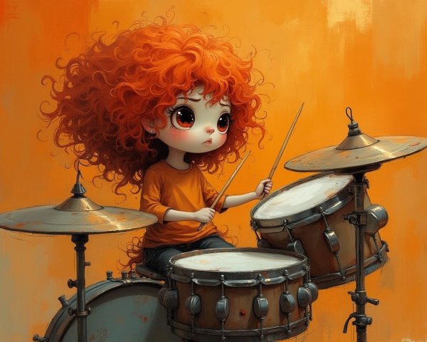 Young girl with orange hair at a vintage drum set