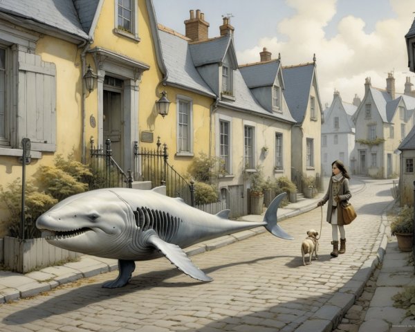 Young girl walks shark-like creature in quaint village