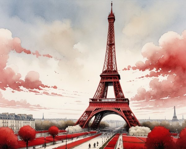 Watercolor Artwork of Eiffel Tower with Red Sky
