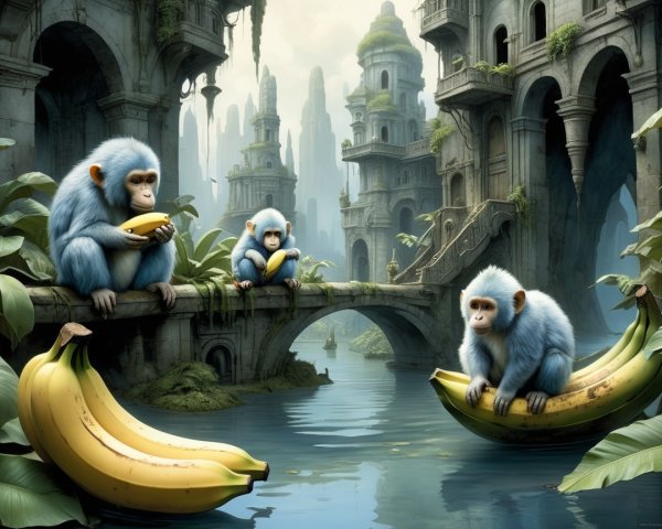 Three Blue Monkeys by a River with Ancient Ruins