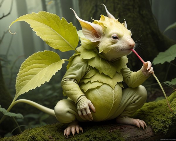Whimsical creature in a lush forest setting