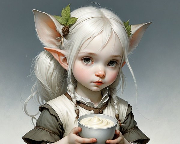 Whimsical Character with Silvery Hair and Cream Bowl