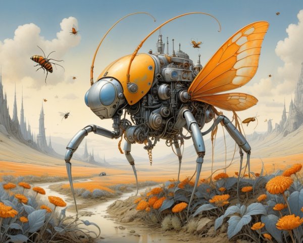 Surreal Landscape with Mechanical Robot Bee and Flora