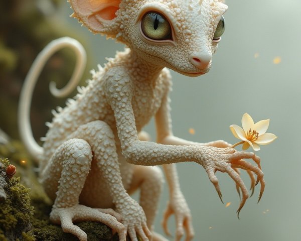 Whimsical creature on moss-covered rock in enchanted forest