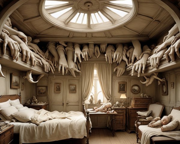 Surreal Bedroom with Sculpted Hands and Vintage Decor
