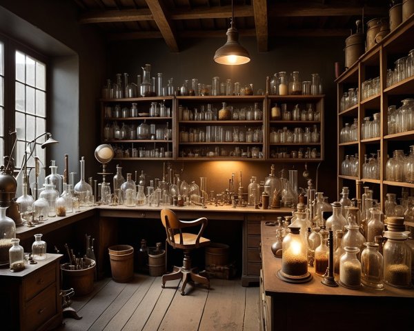 Old-Fashioned Laboratory with Glass Jars and Equipment