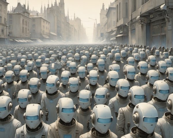 Crowd of Identical Humanoid Robots in European City