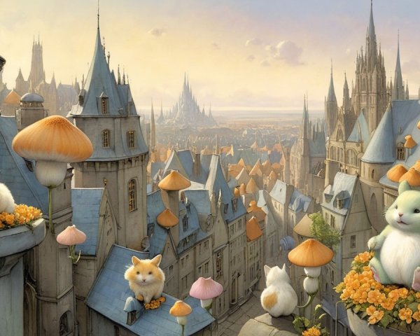 Whimsical Aerial Cityscape with Fantasy Elements