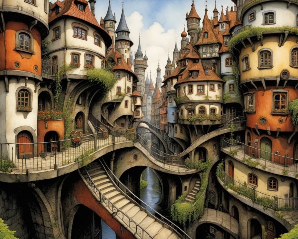 Fantastical Cityscape with Organic Architecture and Canals