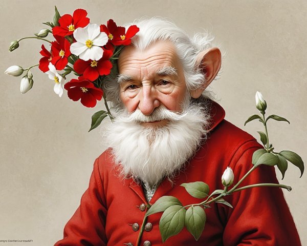 Elderly man with white beard and nature-inspired attire