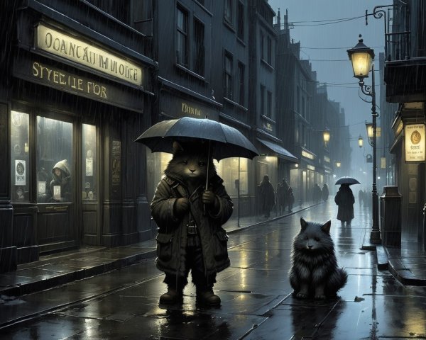 Whimsical Cat in Rainy Nostalgic Street Scene