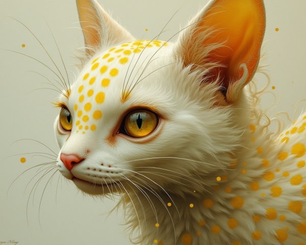 Artistic portrayal of a white cat with yellow polka dots