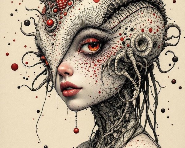 Surreal Figure with Intricate Details and Red Accents
