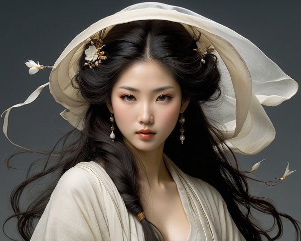 Elegant Young Woman with Black Hair and Cream Garment