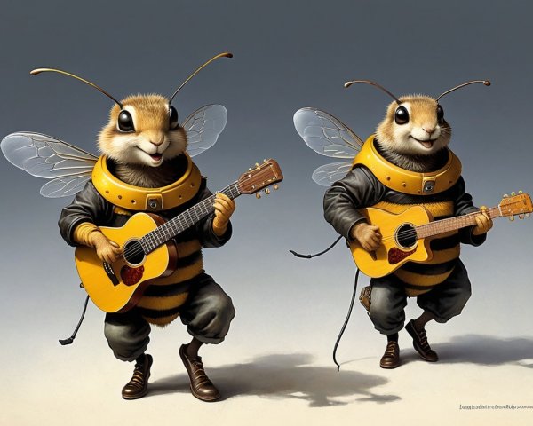 Anthropomorphic bees with guitars in playful scene