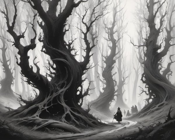 Misty Forest Scene with Twisted Trees and Silhouettes