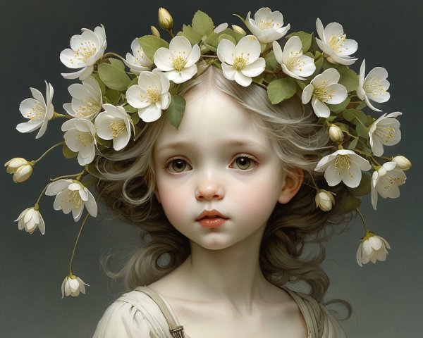 Young girl with flower crown and ethereal beauty